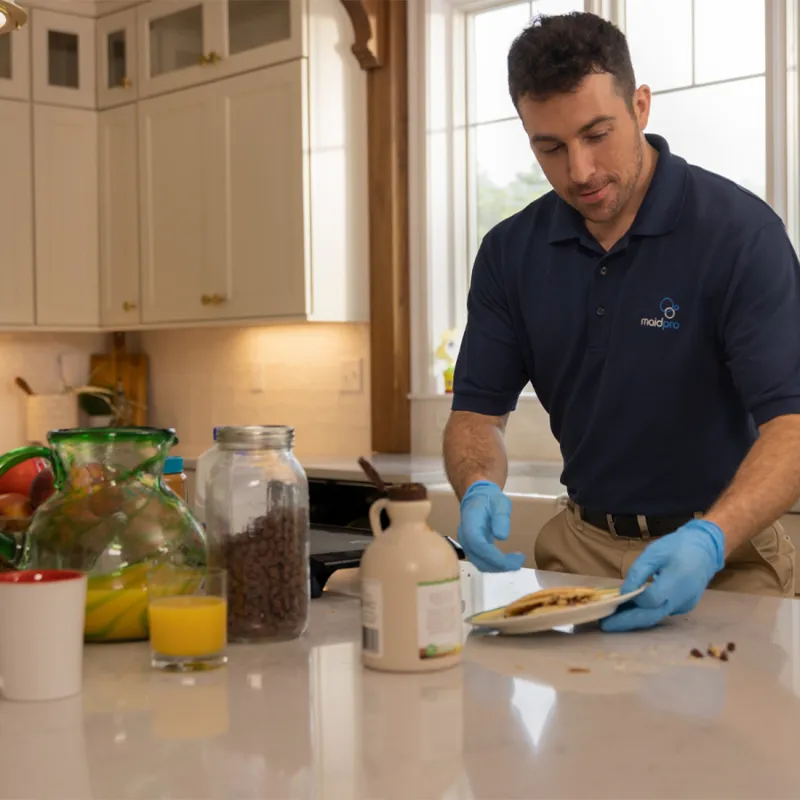 a man cleaning a kitchen countertop