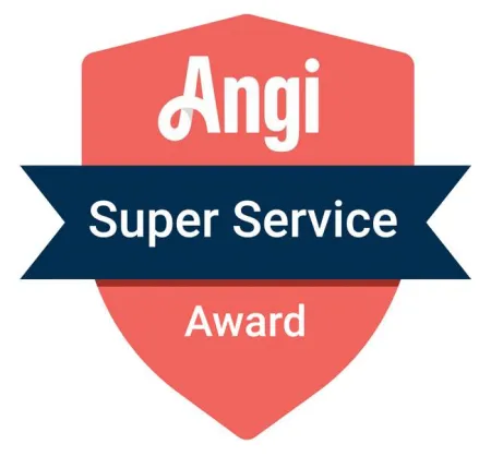 Angi Super Service Award badge with red shield and navy blue banner design.