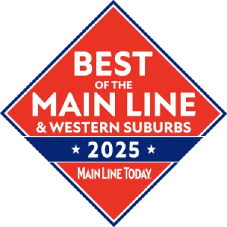 Badge reading Best of the Main Line and Western Suburbs 2025 by Main Line Today in red and blue diamond shape