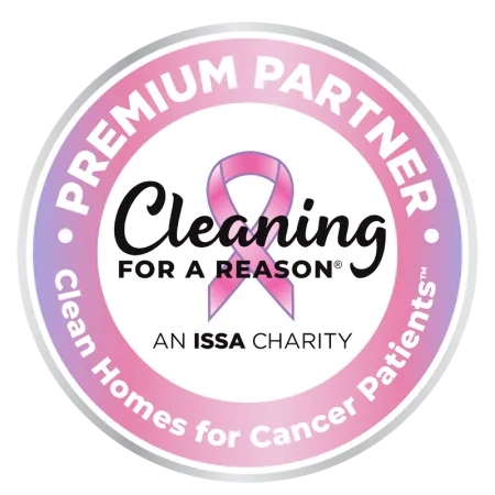 Cleaning For A Reason premium partner badge with pink ribbon supporting clean homes for cancer patients charity.