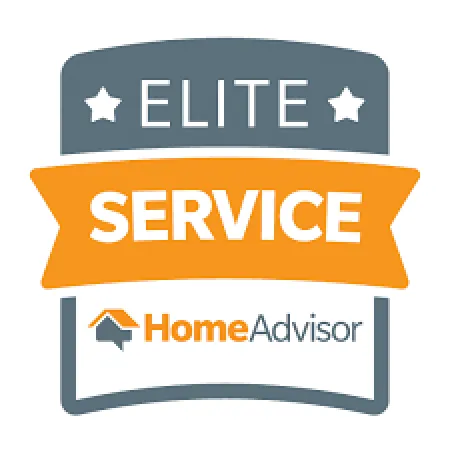 HomeAdvisor Elite Service badge with orange and gray colors and star icons representing quality.